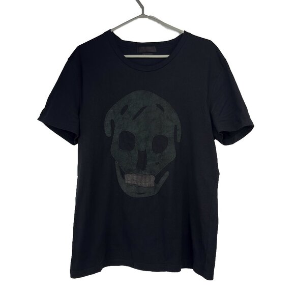 *RARE* ALEXANDER MCQUEEN Suede Skull Dark Green Appliqué Italy Black T-Shirt XL - Picture 1 of 6